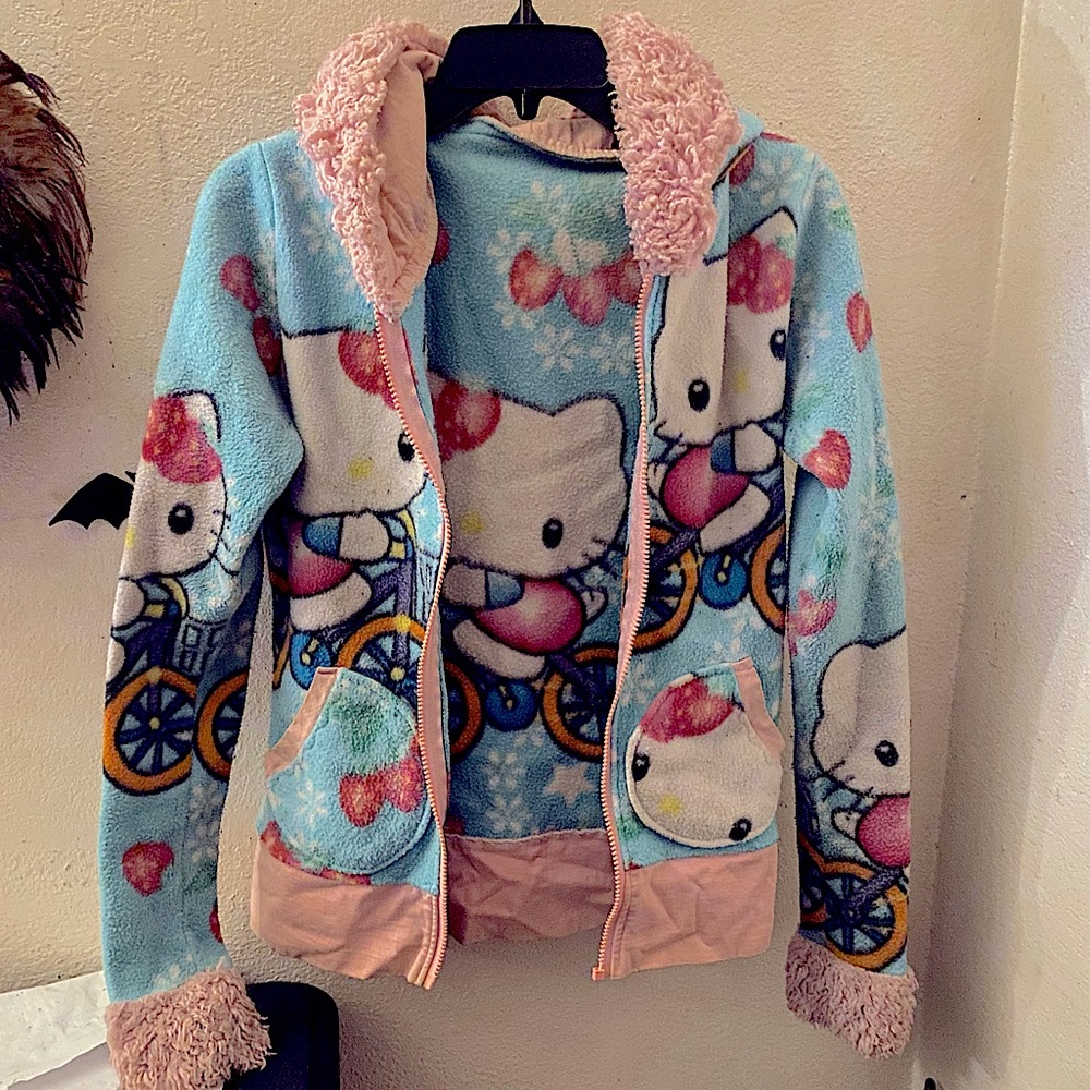 Hello kitty faux fur pink blue jacket hoodie custom made cute ooak